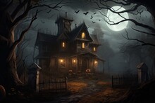 Dark Halloween Night: Gothic Mansion, Pumpkins And Ghoulish Figures Under The Moon., Generative IA