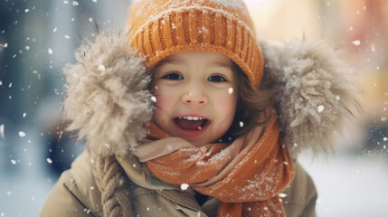 portrait of a happy young toddler in winter scarf, falling snow