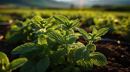 Wall Mural - Mentha plant fields on summer day.