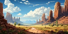 Canyon Desert Landscape With Road Perspective. Illustration Of Sandy Valley With Cacti And Rocky Stones Walls Under Blue Sky With Clouds, Sun Flares, Summer Travel To Western