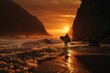 Solitary surfer dominating gold waves at dawn, among imposing cliffs., generative IA