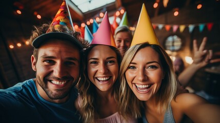 Friends taking a selfie with party hats