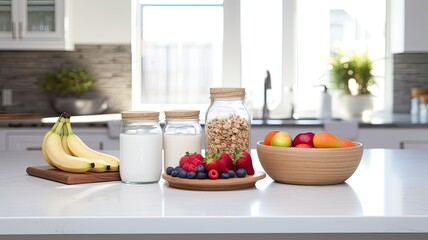 a fitness breakfast spread on a clean, minimalist kitchen countertop. wholesome ingredients and modern aesthetics, creating an inspiring start to the day.