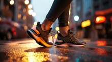 A Stylish Woman's Sneakers As She Confidently Strides Along A City Street. Leave Ample Space For Text Or Branding.