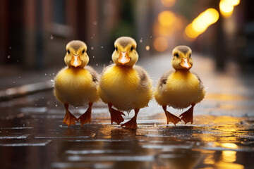 Poster - A trio of ducklings following their mother in a perfect line, each trying to imitate her waddle. Concept of duckling parade. Generative Ai.