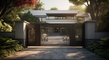A Metal Entrance Gate Set Within A Sturdy Concrete Fence, Framed By Lush Garden Trees In The Background, Welcoming Visitors With A Touch Of Sophistication.