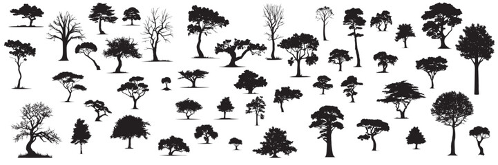 large collection of trees silhouette with leaves. leaves tree silhouette isolated on white backgroun