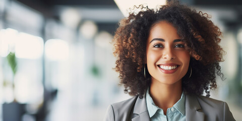 Face portrait, manager and happy black woman, business leader or employee smile for startup company success. ai generative