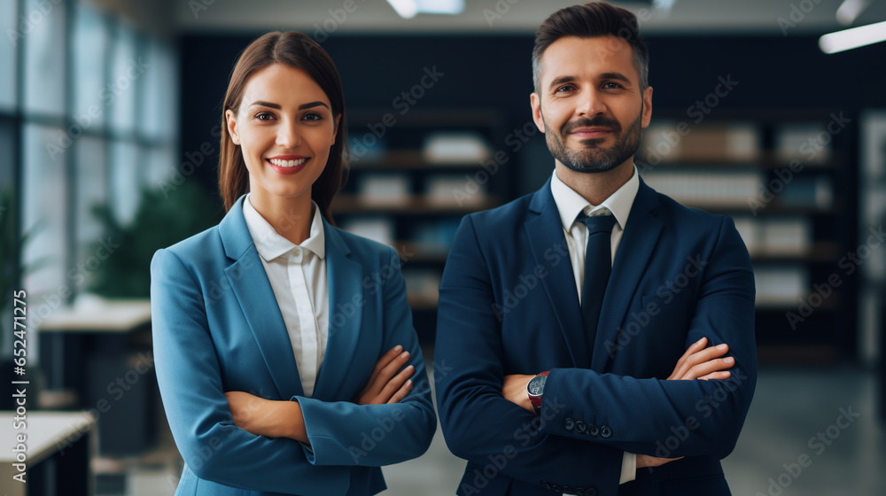 Two successful businesspeople standing back to back with arms crossed ...