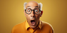 Portrait Of Amazed Old Man With An Open Mouth And Round Big Eyes Wearing Eyeglasses. Ai Generative