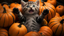 Funny Gray Kitten Lies On Its Back With Its Paws Raised Up Among Small Pumpkins, Top View