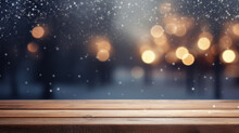 Christmas Trees With Bokeh Light In Snow With Empty Wooden Table And Festive Bokeh At Christmas Time, Generative Ai