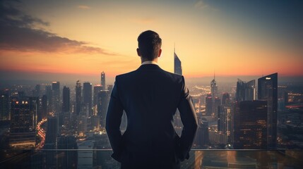 Businessman standing on a roof and looking at future city, generative ai