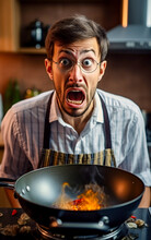 A Funny Scene Of A Desperate And Exhausted Family Man Is Cooking And Having Problems
