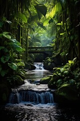 Sticker - Lush tropical jungle with cascading waterfall