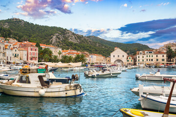 Canvas Print - Scenic coast of town Hvar at sunset, Dalmatia, Croatia