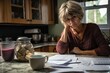 © gankevstock - mature woman sitting at a wooden table and looking sadly at the received loan bills or credit