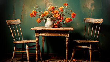 Wall Mural - still life in a rustic style. a chair with a bouquet of flowers.