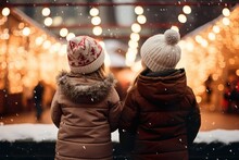 Two Toddler Girl Children Standing At A Christmas Market Looking At The Christmas Marke, Snow, Lights, Winter Season, Happy Holidays | Generative AI