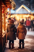 Two toddler girl children standing at a Christmas market looking at the christmas marke, snow, lights, winter season, happy holidays | Generative AI