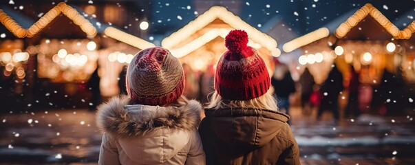 Two toddler girl children standing at a Christmas market looking at the christmas marke, snow, lights, winter season, happy holidays | Generative AI