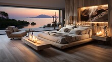 Minimalist Interior Design Defines The Modern Bedroom, Offering A Serene Atmosphere With A Sea View
