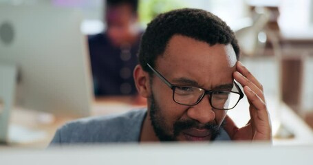 Poster - Confused, businessman and reading on computer in office with email, feedback and frustrated with online communication. Black man, thinking and mistake in project decision or problem solving challenge