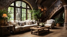 Rustic Style Interior Design Of An Entrance Hall In A Country House With A Staircase And An Arched Window