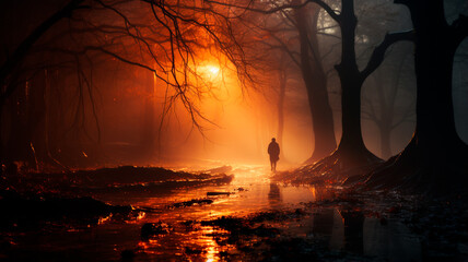 Poster - a man in a black coat walking in the forest