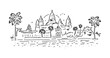 Angkor Wat is a temple complex in northern Cambodia. Linear silhouette illustration in doodle style.
