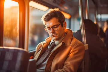 Wall Mural - Man taking public transport in sunset lighting.