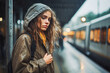 Young woman waiting for bus in rain. Sad woman in raincoat waiting for bus