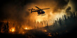 firefighting helicopter flying over a forest fire - aerial means of fire extinguishing