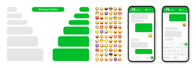 Smartphone messaging app, user interface design with emoji. SMS text frame. Chat screen with green message bubbles. Texting app for communication. Social media application. Vector illustration