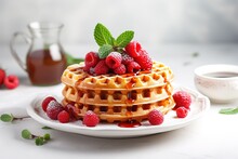 Waffles With Raspberries And Mint Leaves On A Plate, Waffles With Raspberries