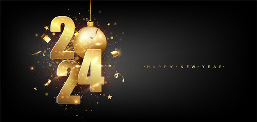 Wall Mural - Happy New 2024 Year. Holiday vector illustration of golden metallic numbers 2024. Gold Numbers Design of greeting card of Falling Shiny Confetti. New Year and Christmas posters