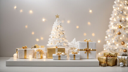 Wall Mural - White wooden table with Christmas tree and gifts, space for text and product presentation, background in white and gold tones