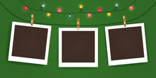 Set Of Empty Photo Frame Mockup With Christmas Lights, Pimple, Christmas Tree, Snowman. Black And White Photo Frame Template With Shadows. Realistic Blank Frame Vector On Green Background. New Year.