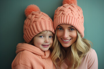 Wall Mural - A woman and a child are pictured wearing matching hats and scarves. Loving bond between a mother and child or to illustrate the concept of family fashion coordination.