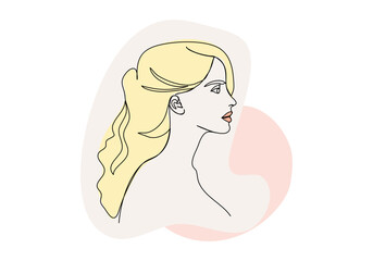 Wall Mural - Portrait of young woman. One line drawing colored with pastel colors. Vector illustration.