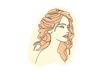 Wall Mural - Portrait of young woman. One line drawing colored with pastel colors. Vector illustration.