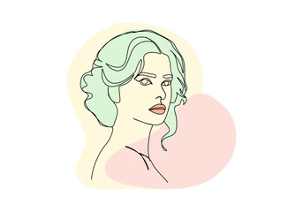 Wall Mural - Portrait of young woman. One line drawing colored with pastel colors. Vector illustration.