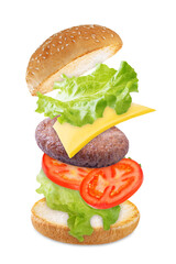 Wall Mural - Flying meat Burger on a white isolated background