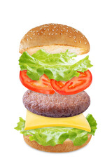 Wall Mural - Flying meat Burger on a white isolated background