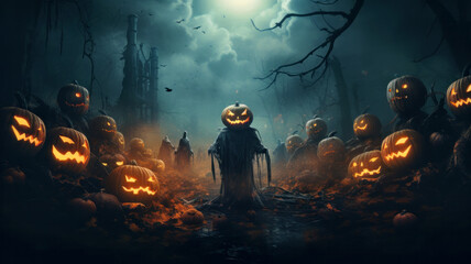 Wall Mural - Creepy smiling pumpkin lanterns in dark scary wood on Halloween night