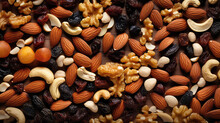 Surface With Nuts And Raisins For Healthy Snack, Top View Texture, Backdrop Almonds, Raisins, Cashews, Walnuts And Pine Nuts. 