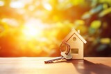 Fototapeta  - House key and house model, sunlight background. Mortgage, investment, real estate, property and new home concept | Generative AI