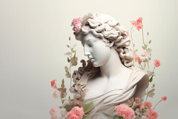 Canvas Print - Antique female sculpture and flowers.