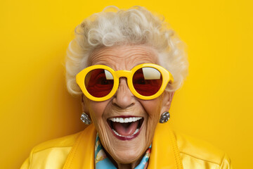 Wall Mural - An older woman wearing yellow sunglasses and a yellow jacket. This picture can be used to showcase fashion trends for mature women or as an illustration for a sunny outdoor activity.