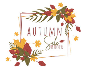 Wall Mural - Harvest autumn leaves frame template with lettering. Vector llustration with place for text, photo. Thanksgiving Design element for sale, card, web, background, invitation, banner and flyers.	
